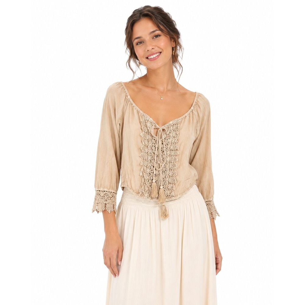 Boho Peasant Blouse Small Beige Crochet Lace Regency Romantic Tassel Tie Top
